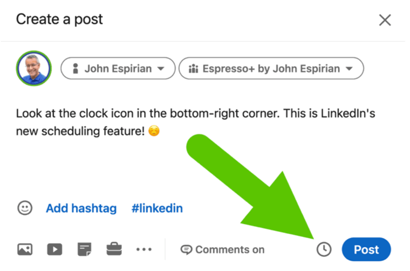 To schedule LinkedIn posts, use the scheduling feature indicated by a clock icon at the bottom of the create post window.