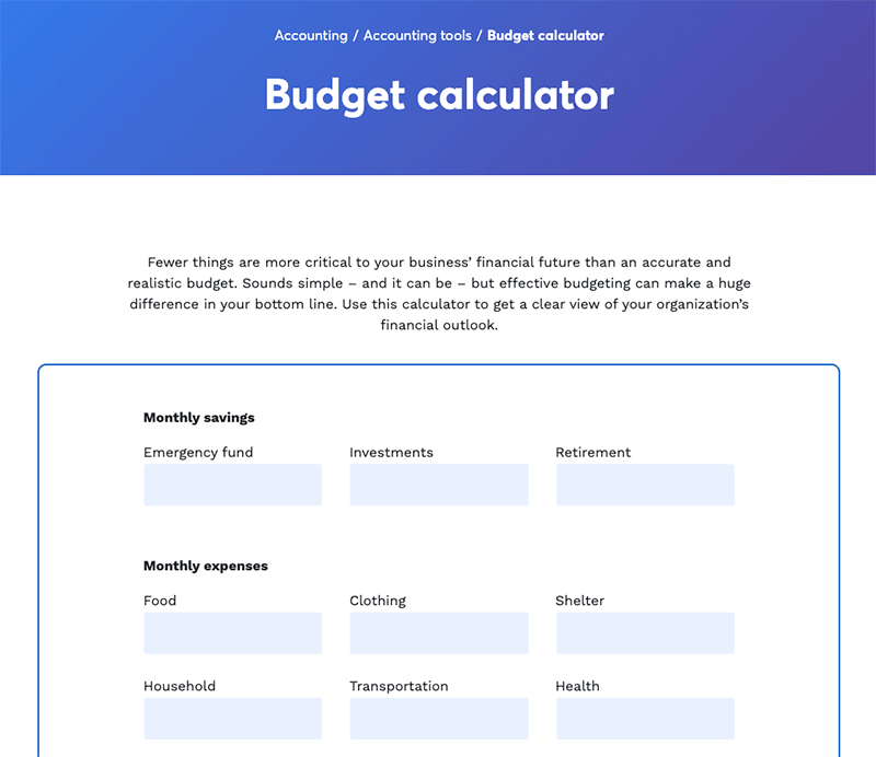 landing page example - budget calculator