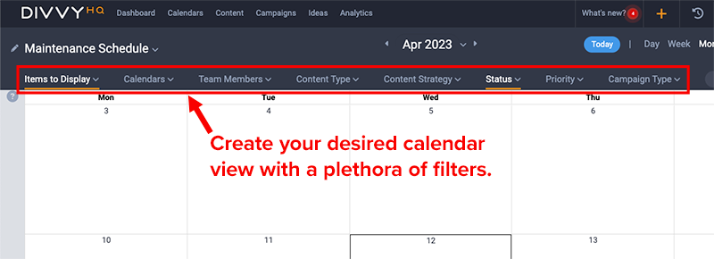 Divvy’s robust content calendar architecture enables filtering to simplify identifying new content needs.