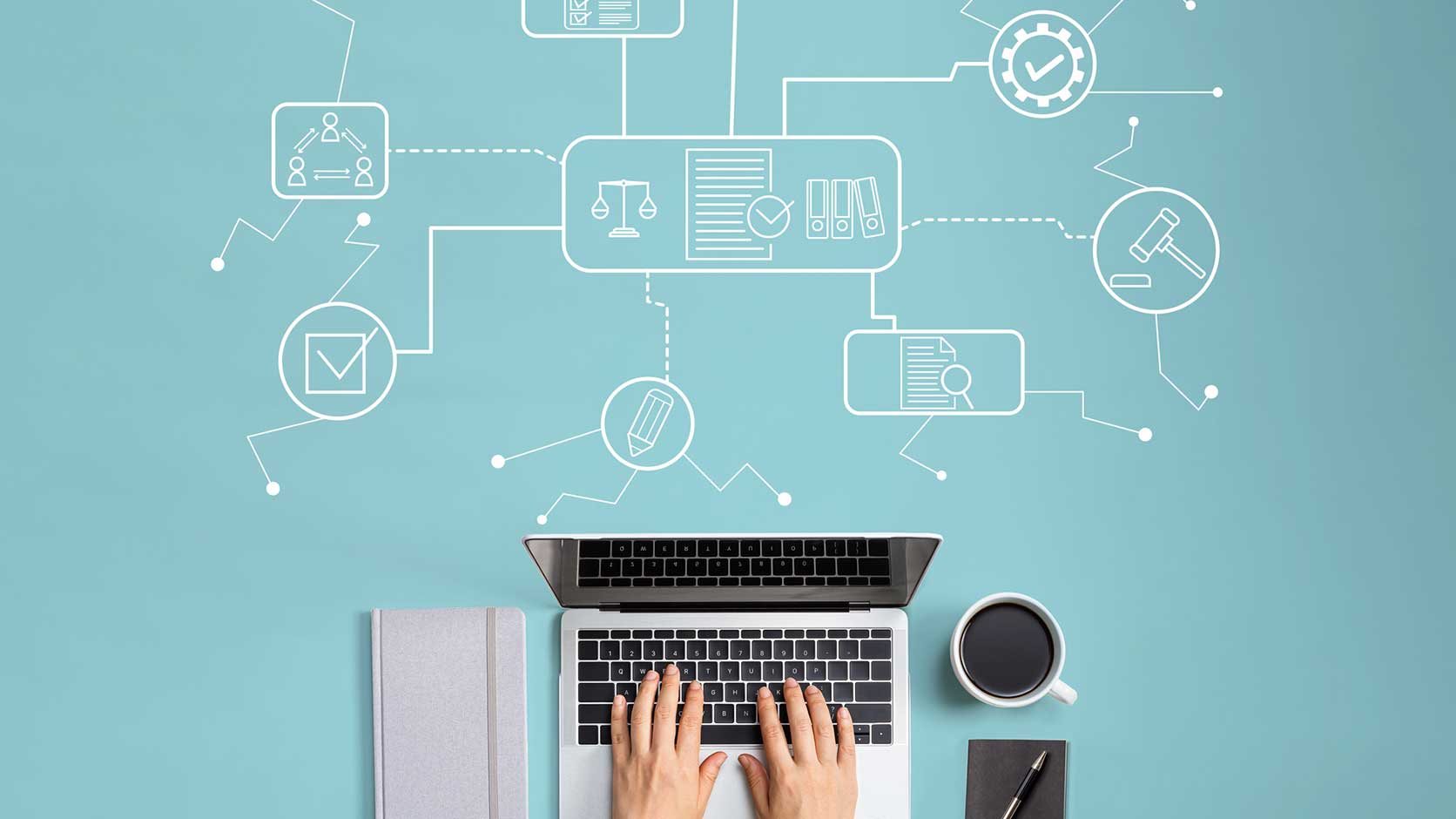 Hands hovering over a keyboard with a diagram showing the components of content operations.