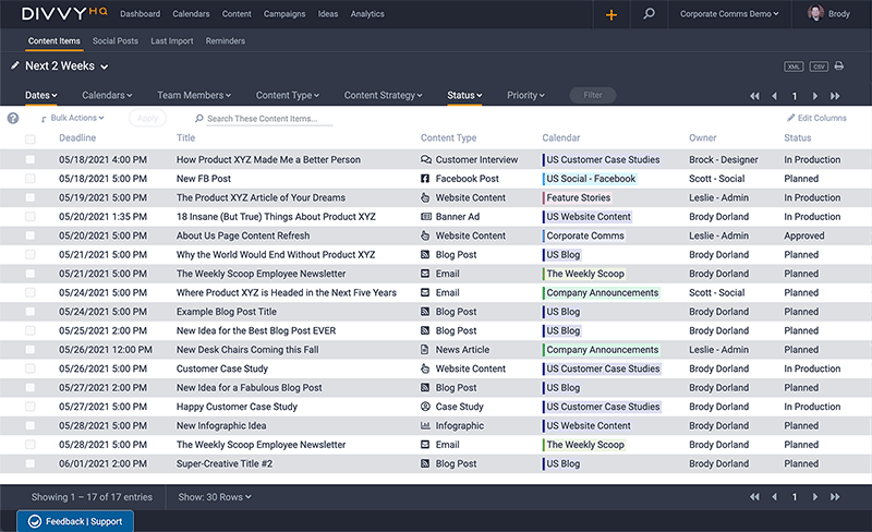 Divvy Content List View - Next 2 weeks - agile methodology for content