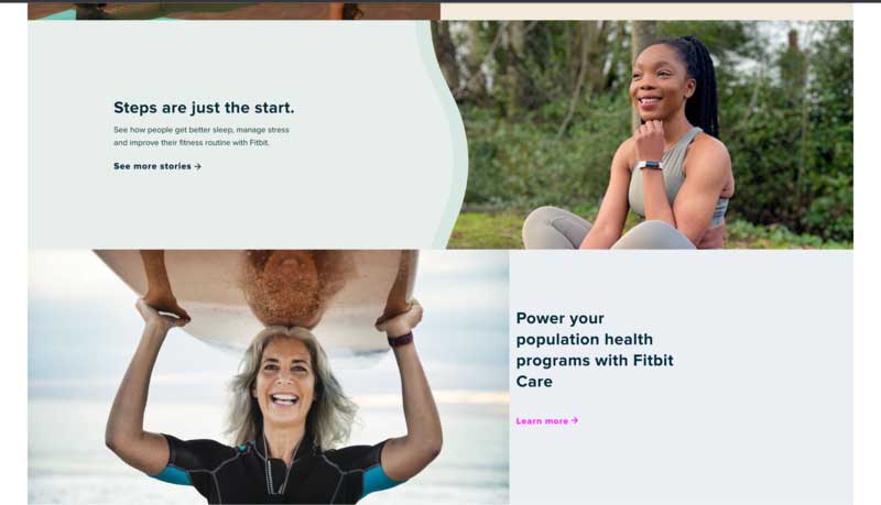 Fitbit’s landing page with an example of the optimistic tone.